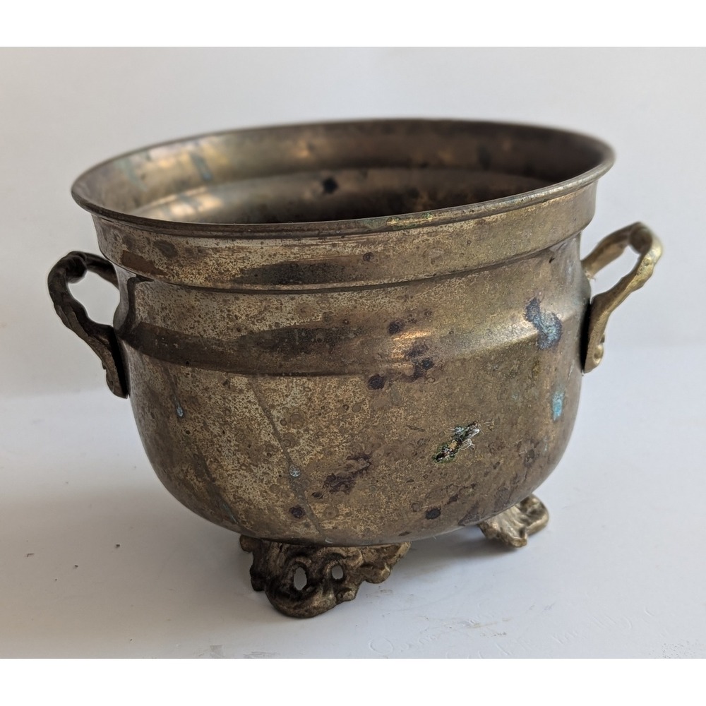 Vintage Hand Crafted Brass Footed Cauldron Planter Pot Handles Made in India